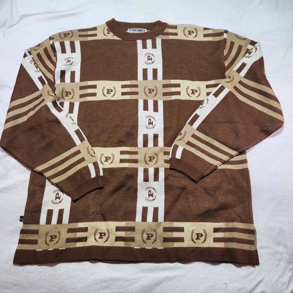 VTG Phat Farm Men's Brown 90's Wool Blend Long Sleeve Sweater Size XL